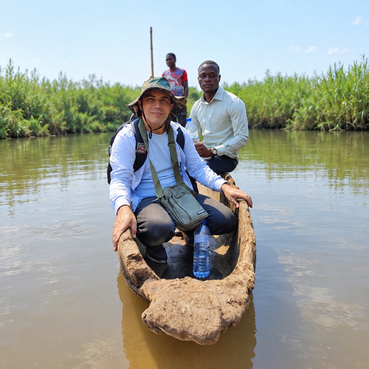 Missionário atravessando o rio de canoa a caminho de Lamego, Moçambique